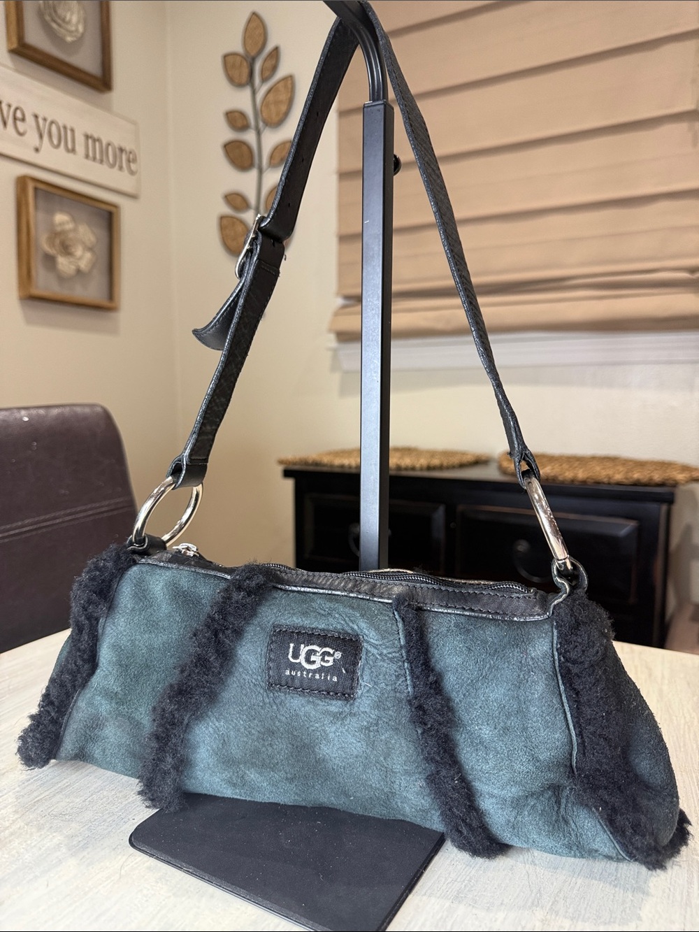 UGG Black Shearling-Trim Shoulder Bag